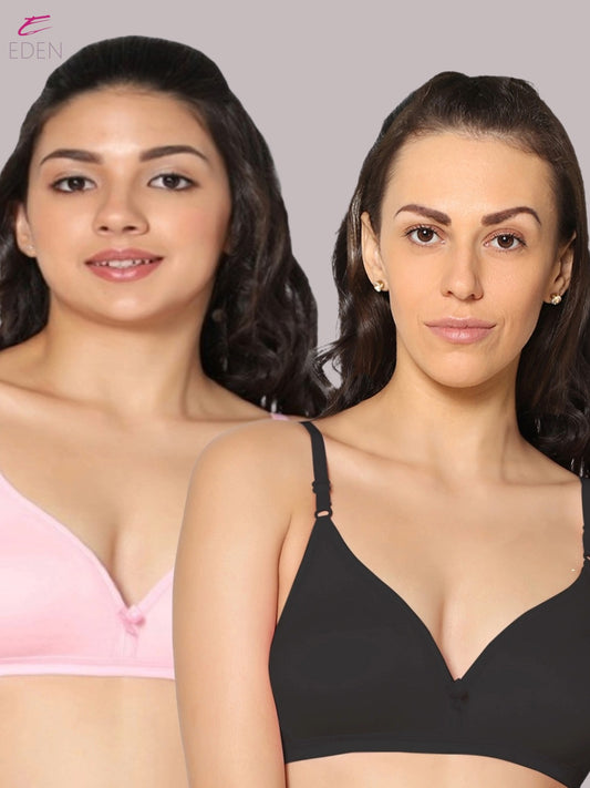 Wirefree, Non Padded, Cotton, Medium Coverage ,Tshirt Bra, Black-Pink