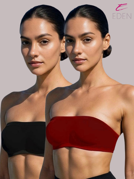 Non Padded, Non-Wired, Simply Soft, Strapless , Seamless, Bandeau Bra ,Slip On ,Nylon,Maroon & Black ,Pack of 2