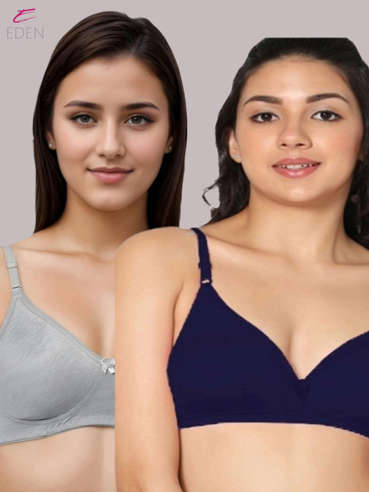 Wirefree, Non Padded, Cotton, Medium Coverage ,Tshirt Bra, Navyblue-Grey