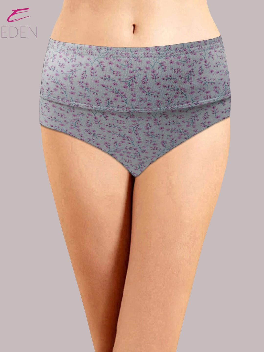 Eden High Rise ,Full Coverage Hipster, Panty,inner Elastic,Grey With Magenta Print
