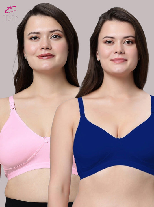 Non Padded, Plus Size, Super Combed,Cotton Stretch, Full Coverage ,Everyday Bra ,Royalblue-Pink