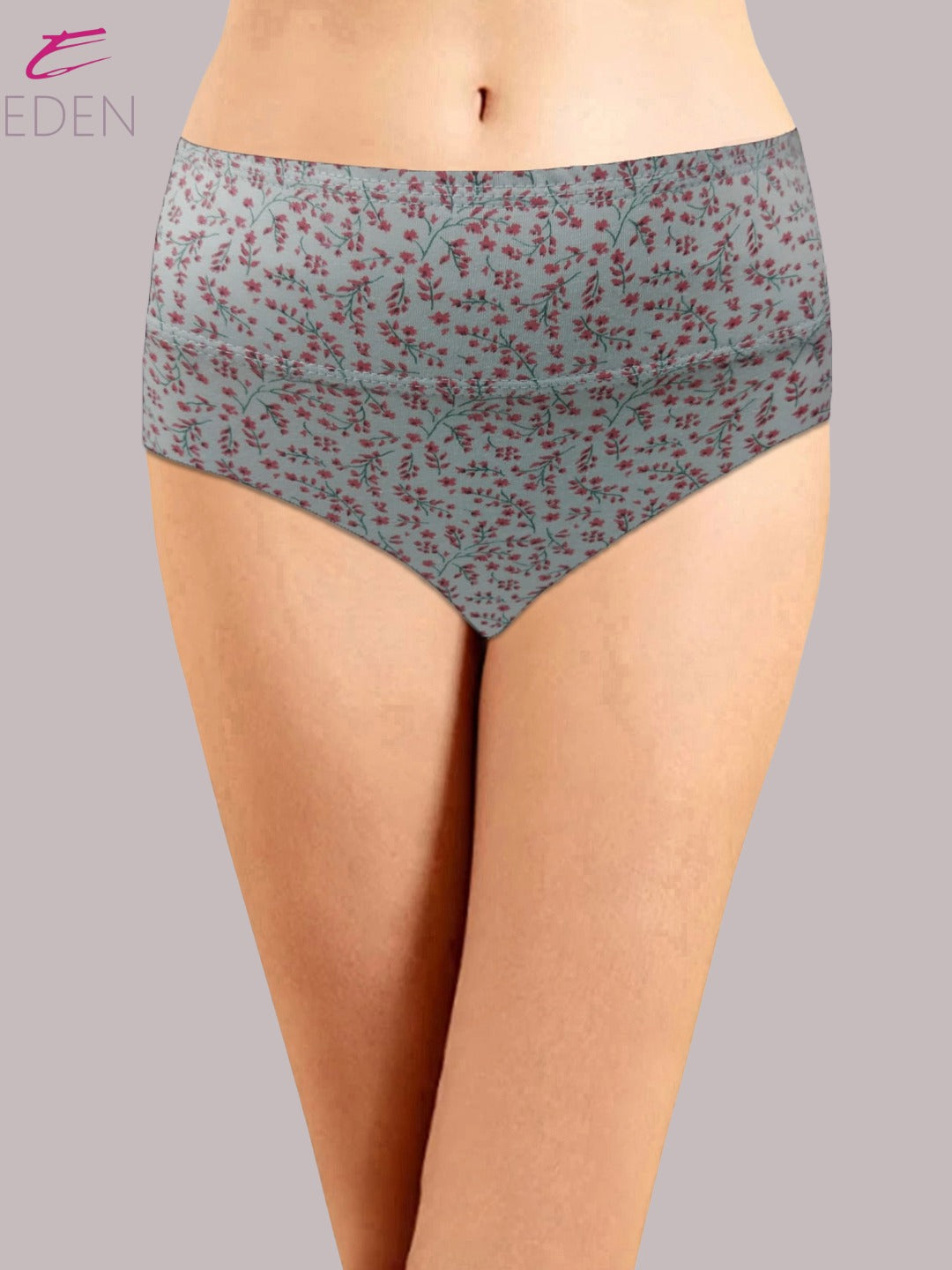 Eden High Rise ,Full Coverage Hipster, Panty,inner Elastic,Grey With Red Print
