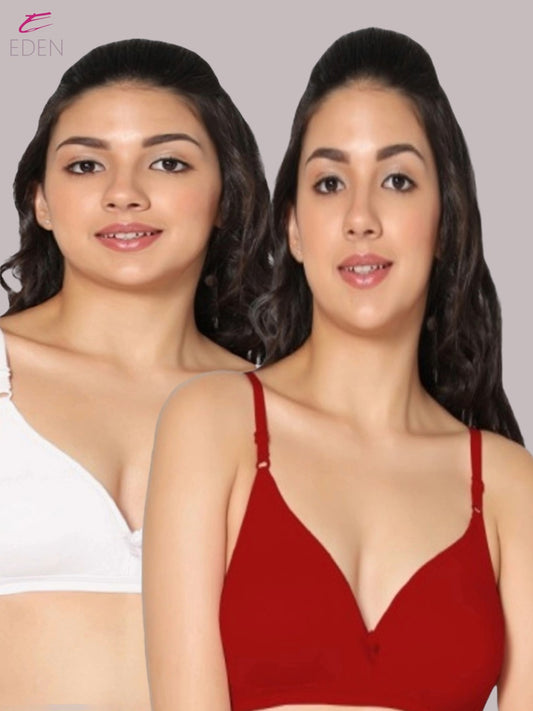 Wirefree, Non Padded, Cotton, Medium Coverage ,Tshirt Bra, White-Red