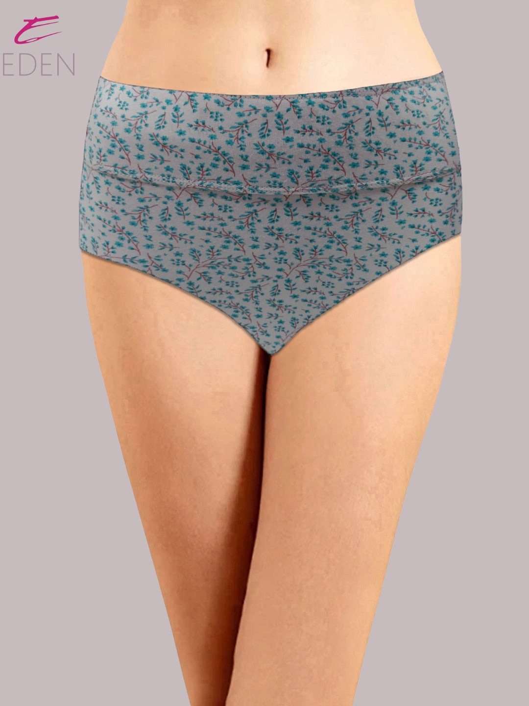 Eden High Rise ,Full Coverage Hipster, Panty,inner Elastic,Grey With Green Print
