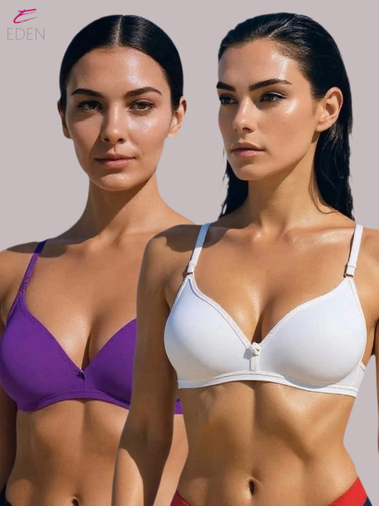 Wirefree, Non Padded, Cotton, Medium Coverage, Tshirt Bra ,Purple-White