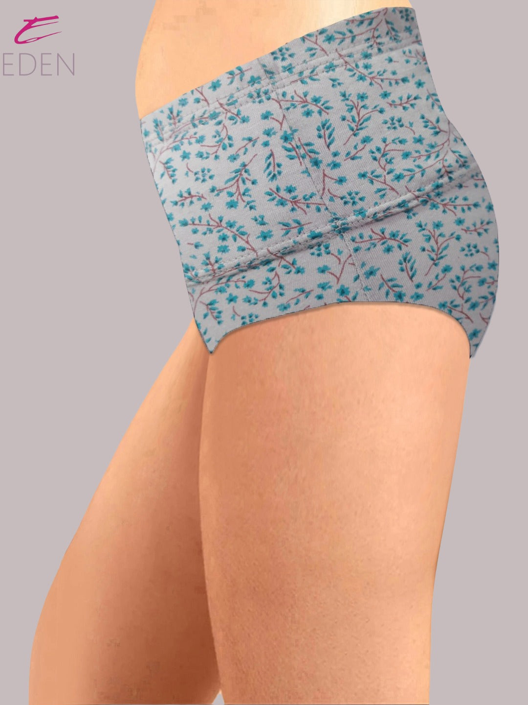 Eden High Rise ,Full Coverage Hipster, Panty,inner Elastic,Grey With Green Print
