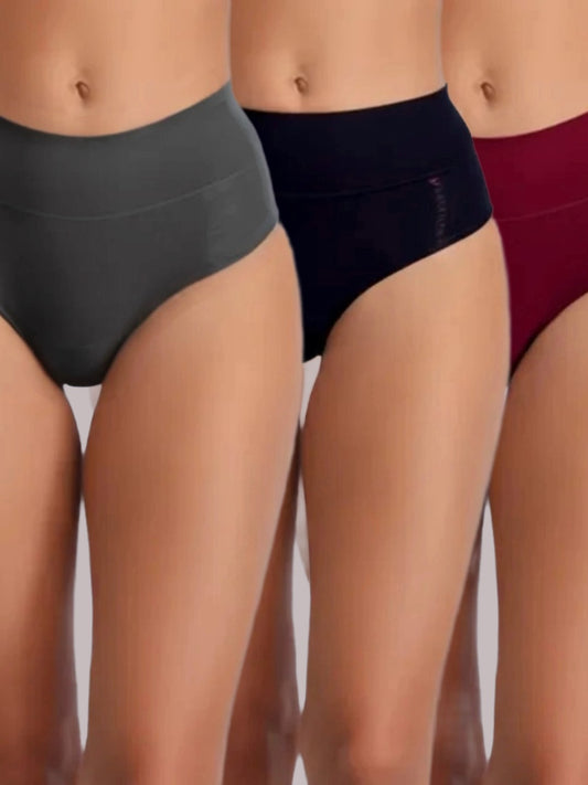 High Rise,Full Coverage,Tummy Tucker, Solid Panty, Inner Elastic,Broad Band,Charcoal,Black,Maroon,pack of 3