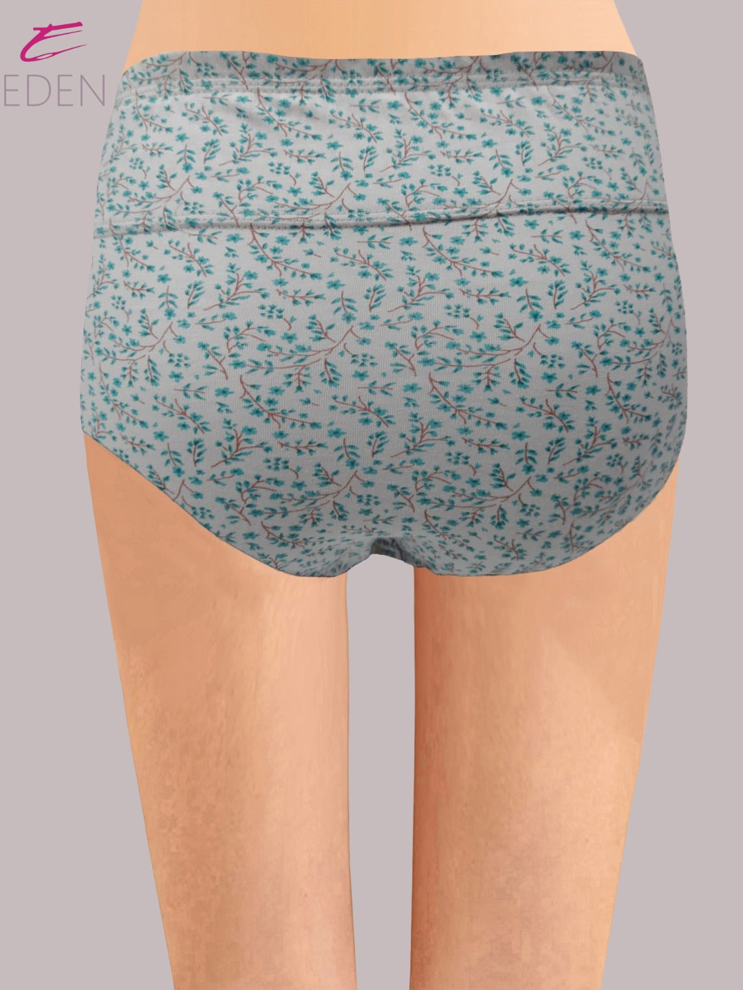 Eden High Rise ,Full Coverage Hipster, Panty,inner Elastic,Grey With Green Print
