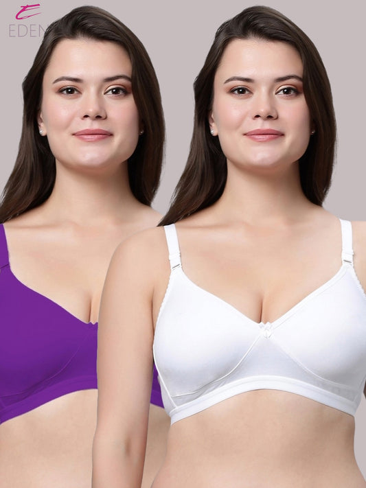 Non Padded, Plus Size, Super Combed,Cotton Stretch, Full Coverage ,Everyday Bra ,Purple-White