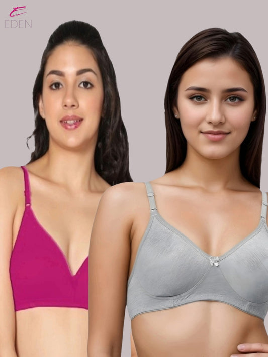 Wirefree, Non Padded, Cotton, Medium Coverage ,Tshirt Bra, Magenta-Grey