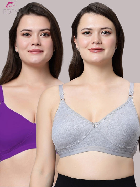 Non Padded, Plus Size, Super Combed,Cotton Stretch, Full Coverage ,Everyday Bra ,Purple-Grey