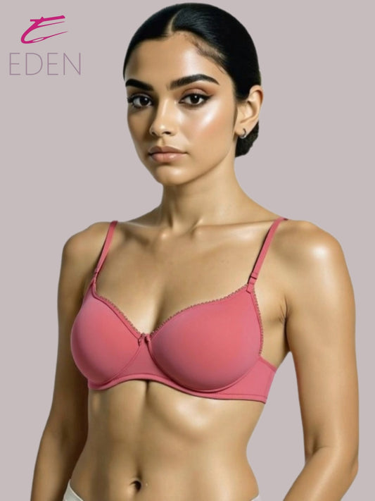 Wirefree,Padded, Plus Size, Cotton ,Medium Coverage, Tshirt Bra, Lace Styling, Dark Salmon