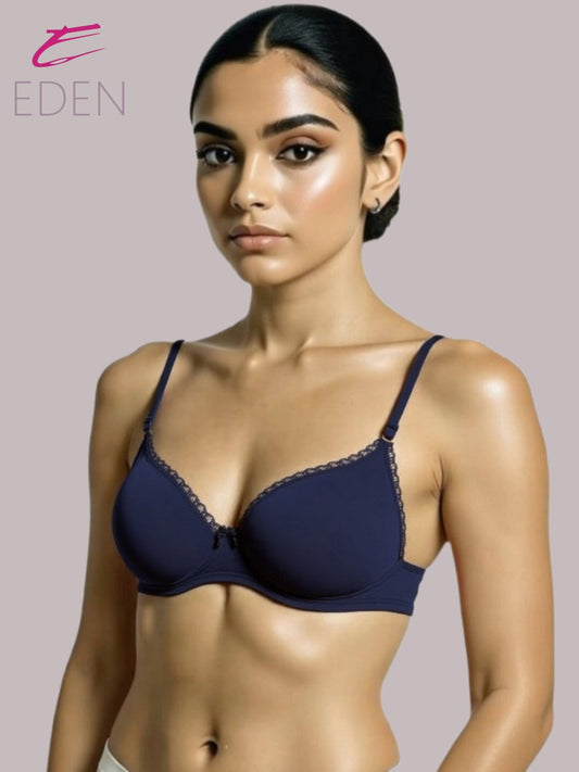 Wirefree,Padded, Plus Size, Cotton ,Medium Coverage, Tshirt Bra, Lace Styling, Navyblue