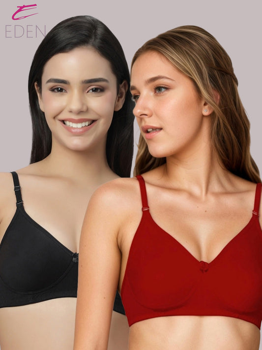 Lightly Padded, Non-Wired ,Simply Soft, T-Shirt Bra,Red-Black
