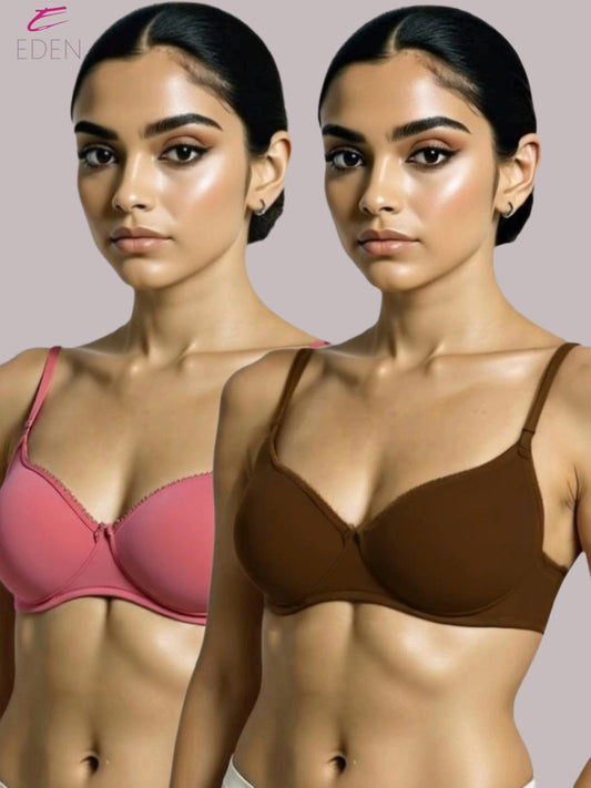 Padded, Non-wired, Plus Size, Cotton lycra, Medium Coverage ,Tshirt Bra, Lace Styling ,Darksalmon-Peat
