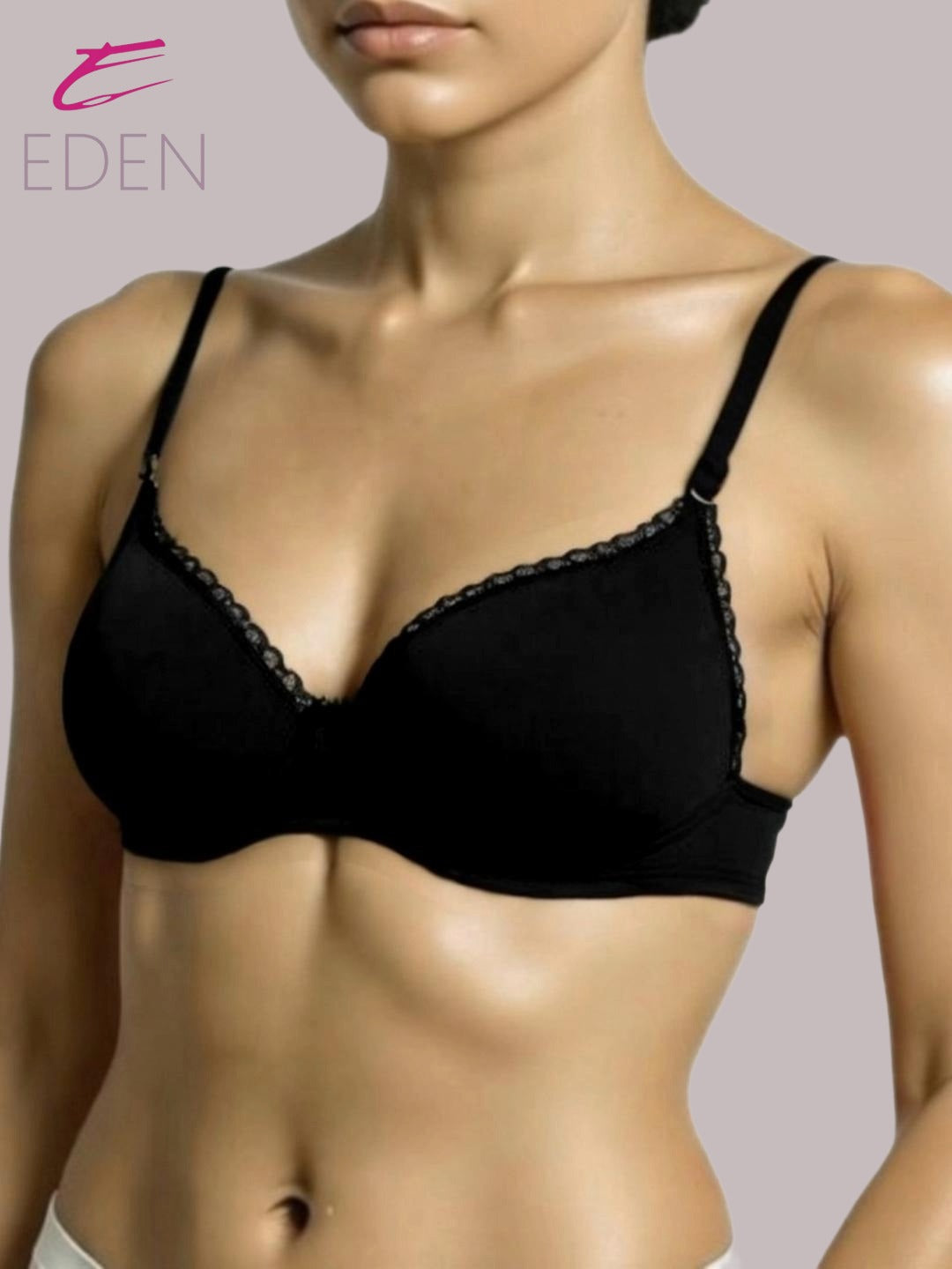 Wirefree,Padded, Plus Size, Cotton ,Medium Coverage, Tshirt Bra, Lace Styling, Black
