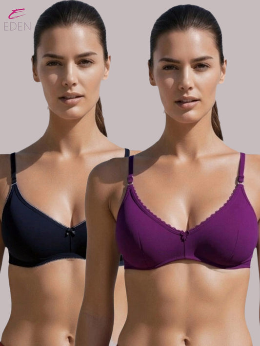 Wirefree ,Non Padded, Soft Cotton ,Medium Coverage, Tshirt Bra, Lace Styling,Black-Wine