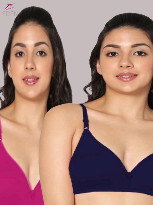 Wirefree, Non Padded, Cotton, Medium Coverage ,Tshirt Bra, Navyblue-Magenta