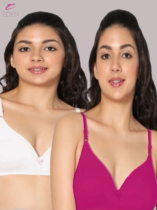 Wirefree, Non Padded, Cotton, Medium Coverage ,Tshirt Bra, White-Magenta