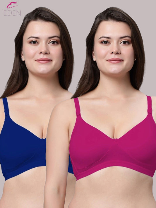 Non Padded, Plus Size, Super Combed,Cotton Stretch, Full Coverage ,Everyday Bra ,Royalblue-Magenta