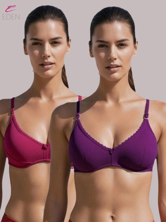 Wirefree ,Non Padded, Soft Cotton ,Medium Coverage, Tshirt Bra, Lace Styling,Magenta-Wine