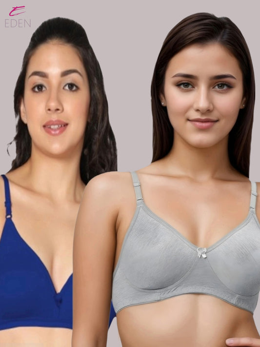 Wirefree, Non Padded, Cotton, Medium Coverage ,Tshirt Bra, Royakblue-Grey