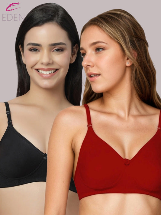 Lightly Padded, Non-Wired ,Simply Soft, T-Shirt Bra,Navyblue-Red