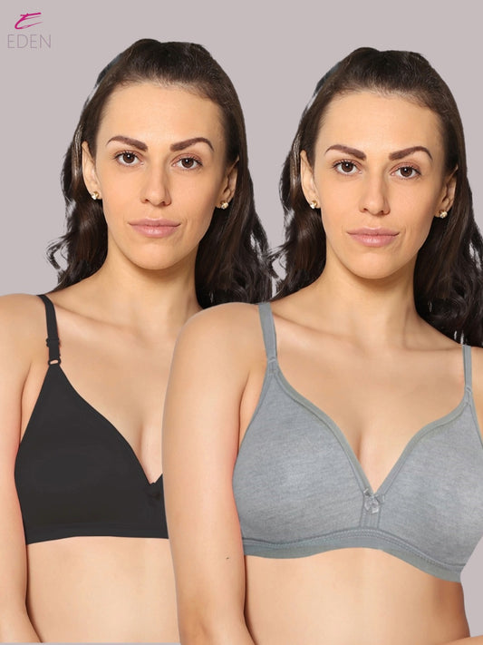 Wirefree, Non Padded, Cotton, Medium Coverage ,Tshirt Bra, Black-Mgrey
