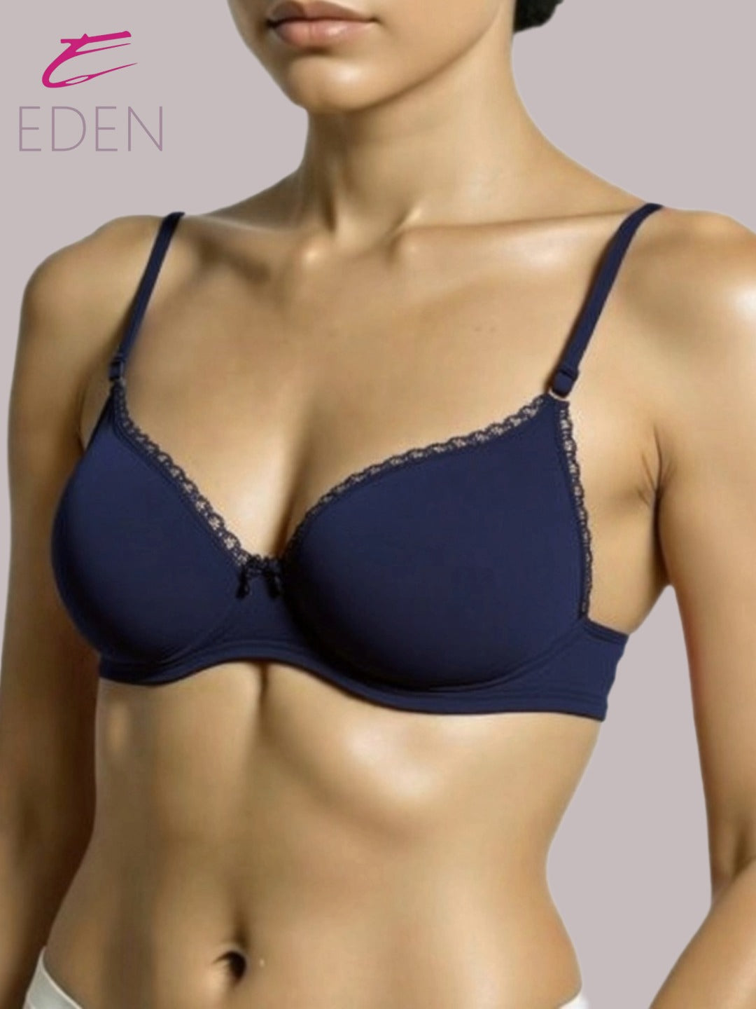 Wirefree,Padded, Plus Size, Cotton ,Medium Coverage, Tshirt Bra, Lace Styling, Navyblue