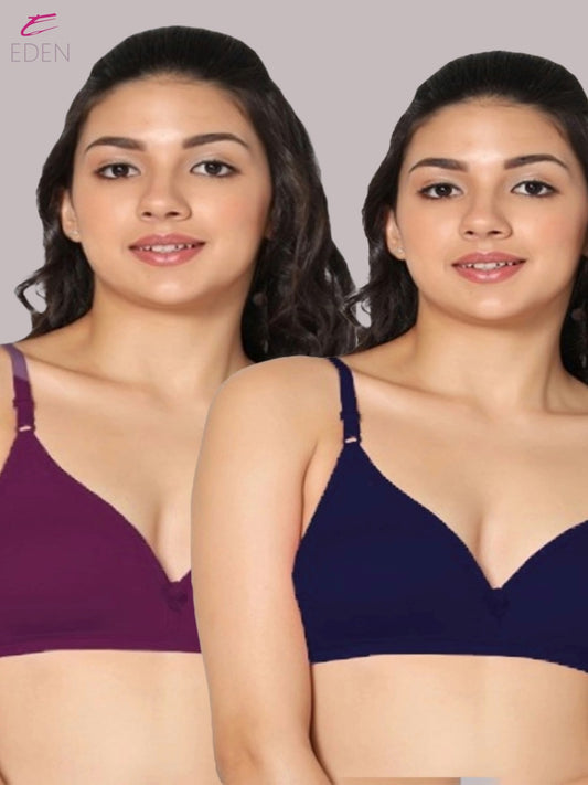 Wirefree, Non Padded, Cotton, Medium Coverage ,Tshirt Bra, Wine-Navyblue