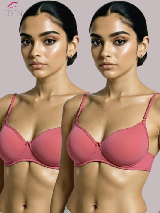 Padded ,Non-wired ,Plus Size, Cotton lycra, Medium Coverage, Tshirt Bra, , Lace Styling,DarkSalmon
