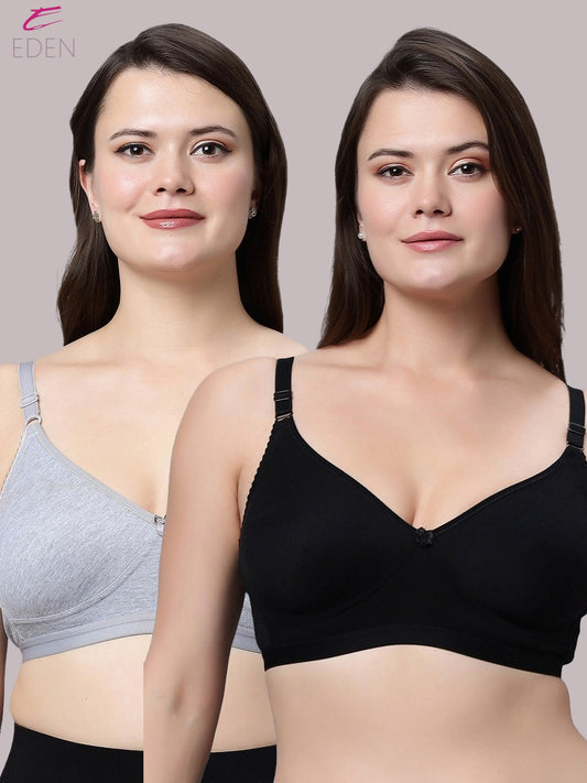 Non Padded, Plus Size, Super Combed ,Cotton Stretch, Full Coverage, Everyday Bra,Black-Grey