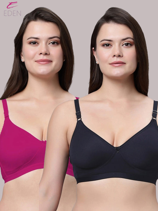 Non Padded ,Plus Size, Super Combed ,Cotton Stretch ,Full Coverage, Everyday Bra,Magenta-Navyblue