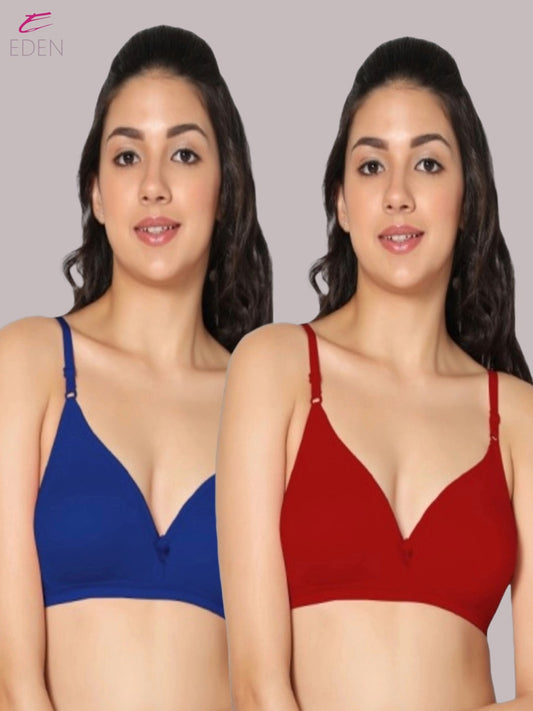 Wirefree, Non Padded, Cotton, Medium Coverage ,Tshirt Bra, Royalblue-Red