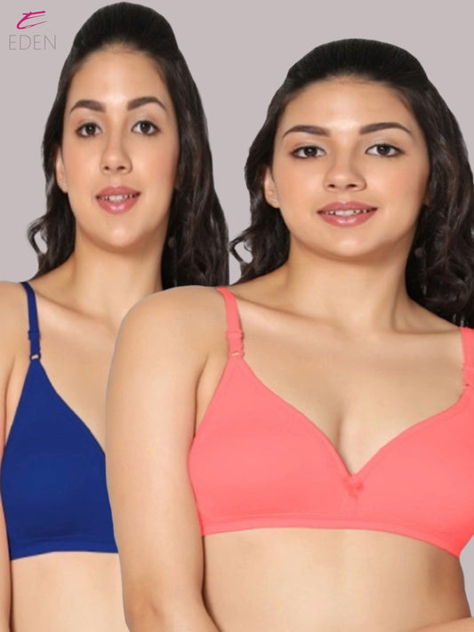 Wirefree, Non Padded, Cotton, Medium Coverage ,Tshirt Bra, Royalblue-Tomato