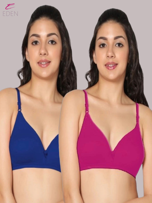 Wirefree, Non Padded, Cotton, Medium Coverage ,Tshirt Bra, Royalblue-Magenta