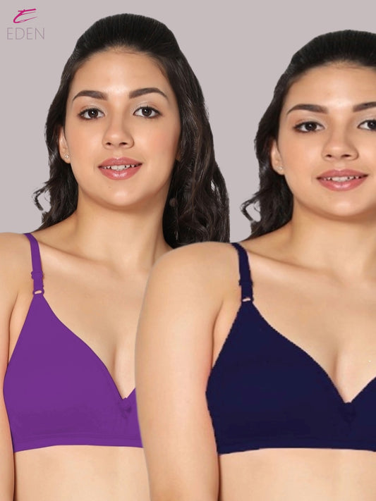 Wirefree, Non Padded, Cotton, Medium Coverage ,Tshirt Bra, Navyblue-Purple