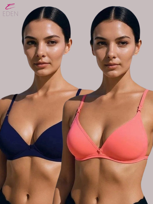 Wirefree, Non Padded, Cotton, Medium Coverage, Tshirt Bra ,Navyblue-Tomato