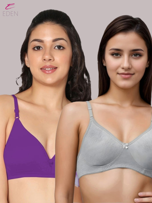 Wirefree, Non Padded, Cotton, Medium Coverage ,Tshirt Bra, Purple-Grey