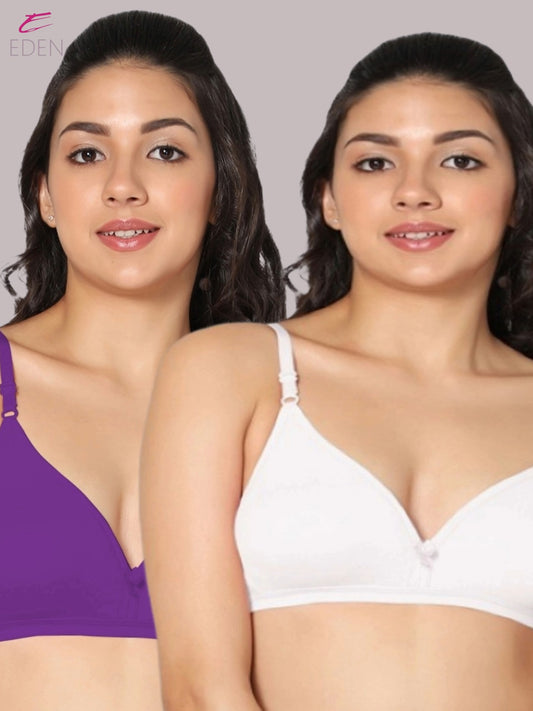 Wirefree, Non Padded, Cotton, Medium Coverage ,Tshirt Bra, Purple-White