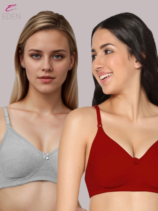 Lightly Padded, Non-Wired, Simply Soft, T-Shirt Bra ,Red-Grey
