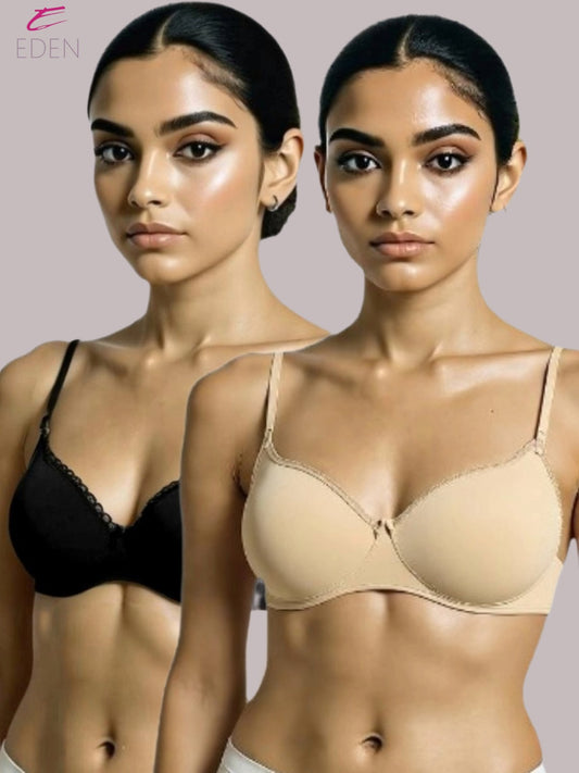 Padded, Non-wired ,Plus Size, Cotton lycra, Medium Coverage, Tshirt Bra, , Lace Styling, Black-Beige