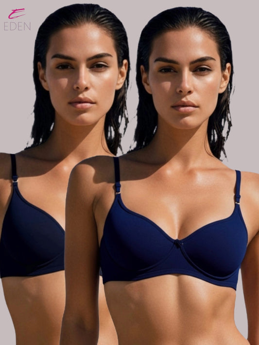 Wirefree ,Non Padded, Cotton ,Medium Coverage, Tshirt Bra ,Navyblue-Black