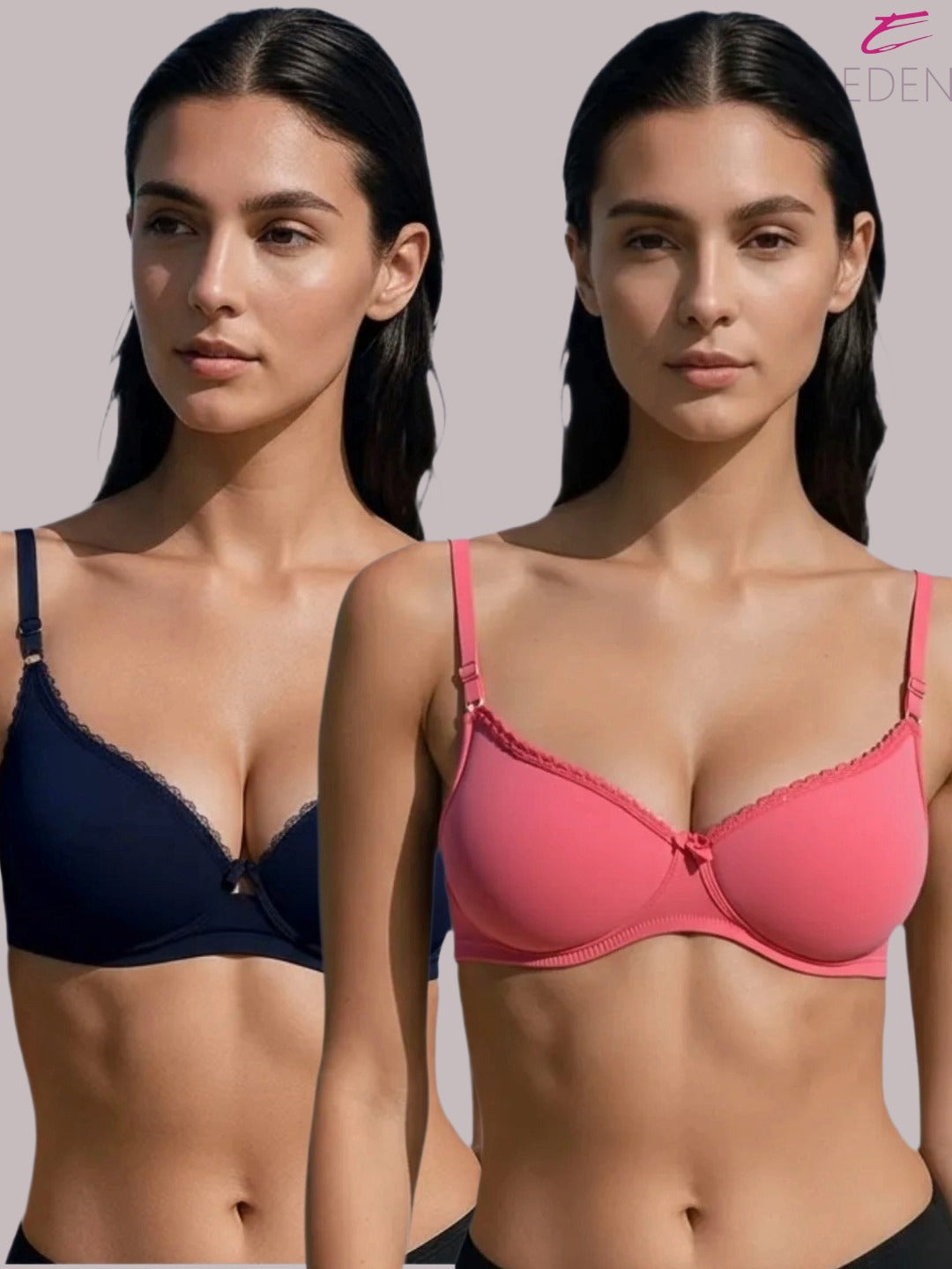 Wirefree, Padded, Plus Size, Cotton ,Medium Coverage ,Tshirt Bra, Lace Styling, Eden 109, Navyblue-Darksalmon