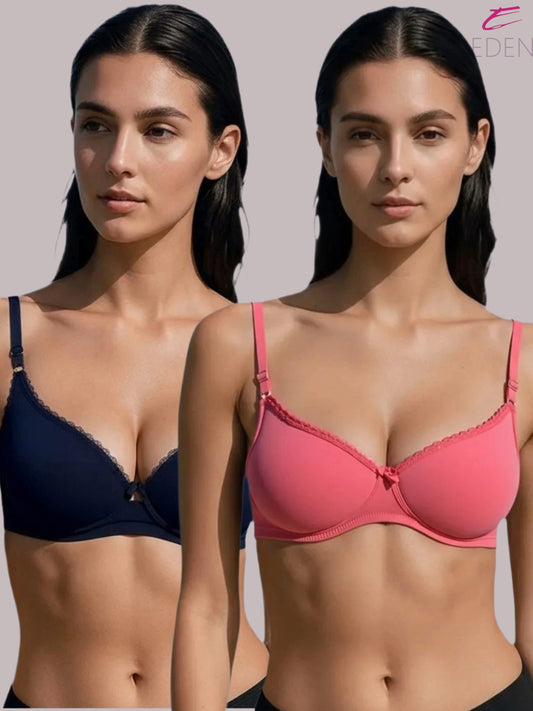 Wirefree, Padded, Plus Size, Cotton ,Medium Coverage ,Tshirt Bra, Lace Styling, Eden 109, Navyblue-Darksalmon