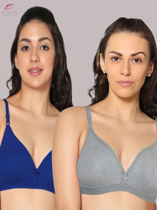 Wirefree, Non Padded, Cotton, Medium Coverage ,Tshirt Bra, Royalblue-Mgrey
