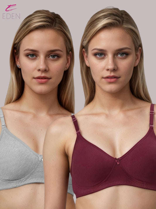Lightly Padded, Non-Wired, Simply Soft, T-Shirt Bra ,Grey-Maroon