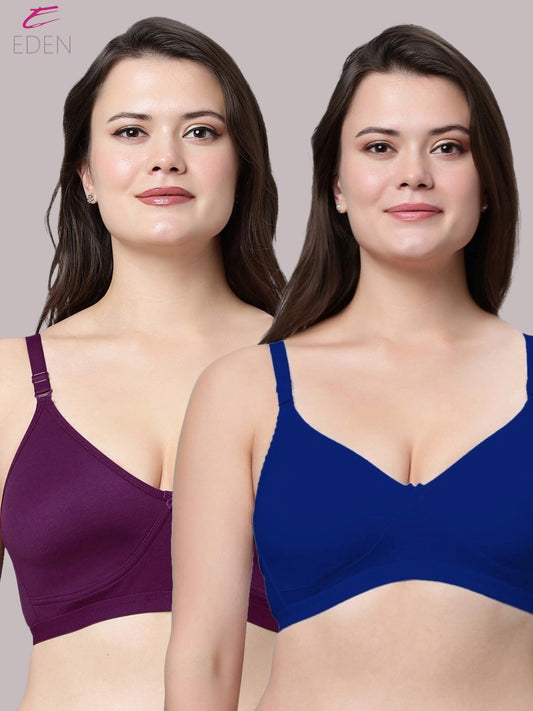 Non Padded, Plus Size, Super Combed,Cotton Stretch, Full Coverage ,Everyday Bra ,Royalblue-Wine