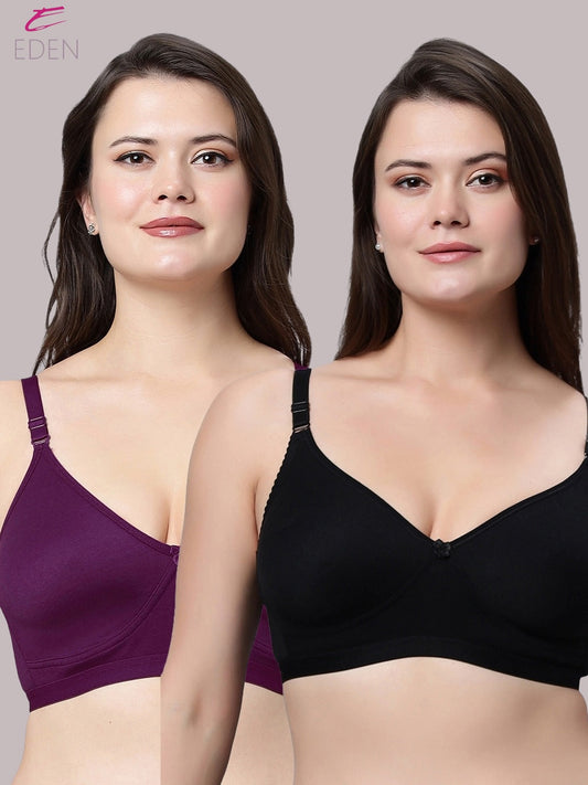 Non Padded, Plus Size, Super Combed ,Cotton Stretch, Full Coverage, Everyday Bra, Wine-Black