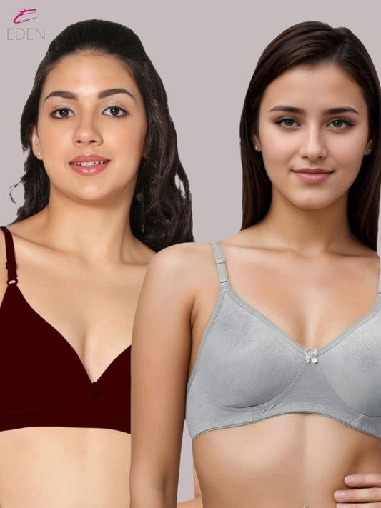 Wirefree, Non Padded, Cotton, Medium Coverage ,Tshirt Bra, Maroon-Grey